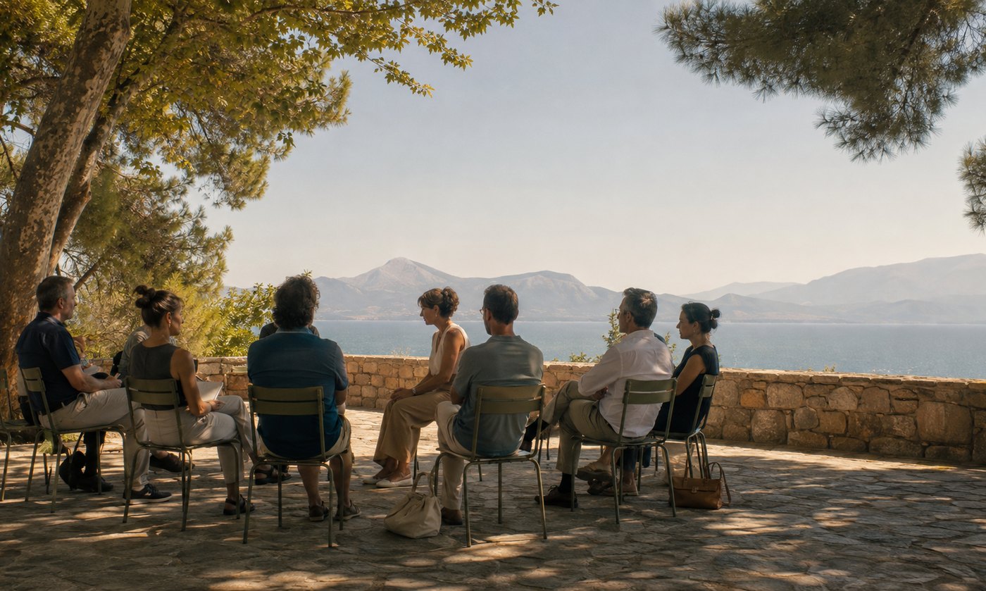 Kleine Gruppe im Halbkreis auf einer schattigen Terrasse mit Blick auf den Golf von Korinth